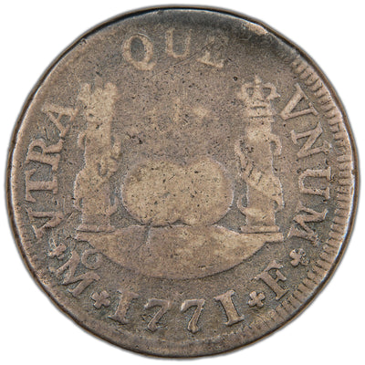 Obverse of a Spanish Colonial Mexico 1771 2 Reales silver coin (Mexico City mint, assayer F, SKU: SP2902), featuring the laureate bust portrait of King Charles III of Spain facing right, surrounded by the Latin legend CAROLUS III DEI GRATIA and the date 1771.