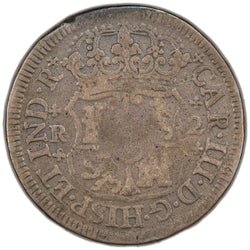 Reverse of a Spanish Colonial Mexico 1771 2 Reales silver coin (Mexico City mint, SKU: SP2902), displaying the crowned shield coat of arms of Spain flanked by the Pillars of Hercules with PLUS ULTRA ribbons, surrounded by the legend HISPAN ET IND REX with mintmark Mo, denomination 2R, and assayer initial F.