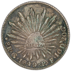 Obverse of a Mexico 1849 8 Reales silver coin (Guanajuato mint, assayer PF, SKU: SP2909), featuring a radiant Phrygian Cap of Liberty inscribed with LIBERTAD, surrounded by sun rays the denomination 8 R., mintmark Go, date 1849, assayer initials P.F., and fineness 10 Ds. 20 Ds.