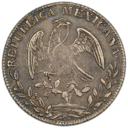 Reverse of a Mexico 1849 8 Reales silver coin (Guanajuato mint, assayer PF, SKU: SP2909), displaying the Mexican standing golden eagle facing right with snake in beak perched on a cactus, encircled by REPUBLICA MEXICANA.