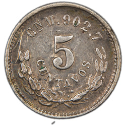 Obverse of an ungraded Mexico 1890 Culiacan 5 Centavos silver coin (Serial/SKU: SP2972), featuring the Phrygian cap of liberty radiating light with the word "LIBERTAD" inscribed, surrounded by the denomination "5 CENTAVOS", Culiacan mint mark "C", date "1890", assayer initials "M", and fineness "902,7".