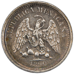 Reverse of an ungraded Mexico 1890 Culiacan 5 Centavos silver coin (KM# 398.2 / Culiacan Mint, Serial/SKU: SP2972), displaying the Mexican golden eagle perched on a nopal cactus with a snake in its beak, surrounded by the legend "REPUBLICA MEXICANA".