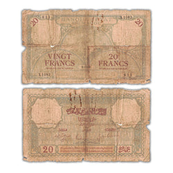 Composite view showing the front and back of an ungraded Morocco 1931 20 Francs banknote (Banque d'État du Maroc, Pick #18a, Filler condition, Serial/SKU: 611 X.1082).