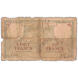 Front of an ungraded Morocco 1931 20 Francs banknote (Banque d'État du Maroc, Pick #18a, Filler condition, Serial/SKU: 611 X.1082), featuring a central view of the Hassan Tower in Rabat, red denomination lettering, French text, and series/serial number 611 X.1082.