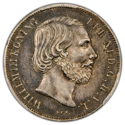 Detailed close-up of the obverse portrait on PCGS AU-53 graded 1861 Netherlands 1 Gulden silver coin, serial number 46850955.