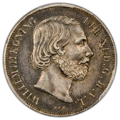 Detailed close-up of the obverse portrait on PCGS AU-53 graded 1861 Netherlands 1 Gulden silver coin, serial number 46850955.