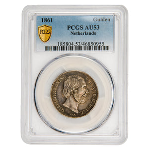 Netherlands 1861 One Gulden Silver Coin - PCGS AU-53