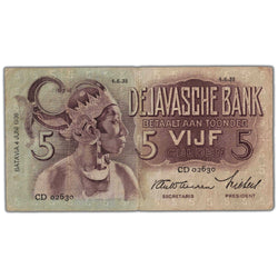 Front of an ungraded Netherlands Indies 1938 5 Gulden banknote (Javasche Bank, Pick #78b, Grade VF, Serial/SKU: CD02630), featuring Javanese dancer motifs, Dutch and local script typography, official bank signatures, and serial number CD02630.