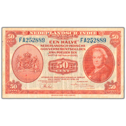 Front of an ungraded Netherlands Indies 1943 50 Cents banknote (Japanese Government Occupation issue, Pick #110a, Grade VF, Serial/SKU: FA252889), featuring Japanese and Dutch text, tropical foliage border, block letters, and serial/block FA252889.