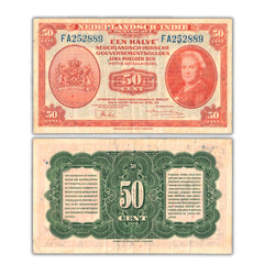 Composite view showing the front and back of an ungraded Netherlands Indies 1943 50 Cents banknote (Japanese Government Occupation issue, Pick #110a, Grade VF, Serial/SKU: FA252889).