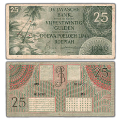 Composite view showing the front and back of an ungraded Netherlands Indies 1946 25 Gulden banknote (Pick #91, Circulated condition, Serial/SKU: 015703).
