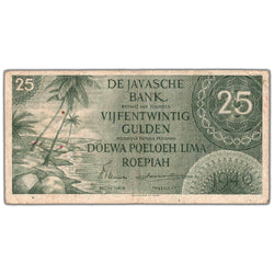 Front of an ungraded Netherlands Indies 1946 25 Gulden banknote (Pick #91, Circulated condition, Serial/SKU: 015703), featuring a portrait of Queen Wilhelmina of the Netherlands, Dutch colonial text, decorative border, and serial number 015703.