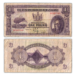 Composite view showing the front and back of an ungraded New Zealand 1934 1 Pound banknote (Reserve Bank of New Zealand, Pick #155, Grade Fine, Serial/SKU: 9C807765).