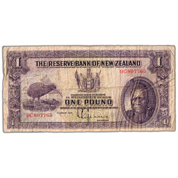 Front of an ungraded New Zealand 1934 1 Pound banknote (Reserve Bank of New Zealand, Pick #155, Grade Fine, Serial/SKU: 9C807765), featuring a portrait vignette of Maori King Tawhiao, Kiwi bird illustration, arms of New Zealand, and prefix/serial number 9C807765.