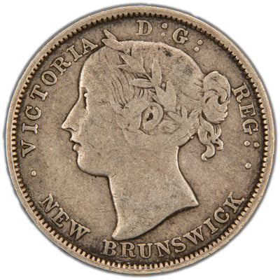 Obverse of a Province of New Brunswick 1862 20 Cents silver coin (SKU: SP2851) in Very Good/Fine condition, featuring the laureate bust portrait of Queen Victoria facing left, surrounded by the legend VICTORIA D:G: REG: NEW BRUNSWICK.