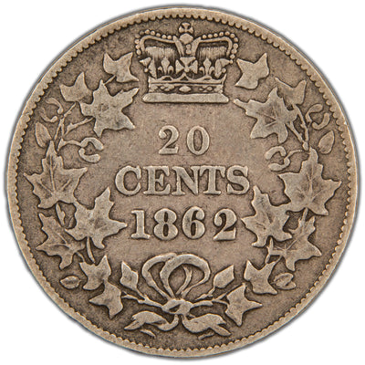 Reverse of a Province of New Brunswick 1862 20 Cents silver coin (SKU: SP2851) in Very Good/Fine condition, displaying the denomination 20 CENTS and date 1862 crowned at the top, enclosed within a tied maple leaf wreath.