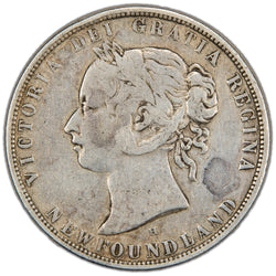 Obverse of a Dominion of Newfoundland 1876-H 50 Cents silver coin (Heaton Mint, SKU: SP2865) in Fine condition showing evidence of past cleaning, featuring the laureate bust portrait of Queen Victoria facing left, surrounded by the legend VICTORIA D: G: REG: NEWFOUNDLAND.