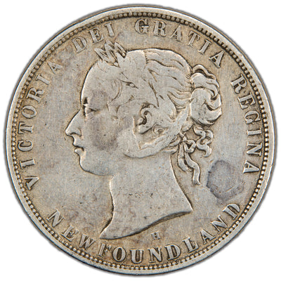 Obverse of a Dominion of Newfoundland 1876-H 50 Cents silver coin (Heaton Mint, SKU: SP2865) in Fine condition showing evidence of past cleaning, featuring the laureate bust portrait of Queen Victoria facing left, surrounded by the legend VICTORIA D: G: REG: NEWFOUNDLAND.