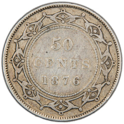 Reverse of a Dominion of Newfoundland 1876-H 50 Cents silver coin (Heaton Mint, SKU: SP2865) in Fine condition with cleaned surfaces, displaying the central denomination 50 CENTS and date 1876 with 'H' mintmark, enclosed within an ornate dentillated circular border.