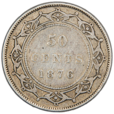Reverse of a Dominion of Newfoundland 1876-H 50 Cents silver coin (Heaton Mint, SKU: SP2865) in Fine condition with cleaned surfaces, displaying the central denomination 50 CENTS and date 1876 with 'H' mintmark, enclosed within an ornate dentillated circular border.