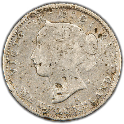 Obverse of a key-date Newfoundland 1876-H 5 Cents silver coin (Heaton Mint, SKU: SP2836) in filler condition with heavy wear, featuring the laureate bust portrait of Queen Victoria facing left, surrounded by the legend VICTORIA D:G: REG: NEWFOUNDLAND.