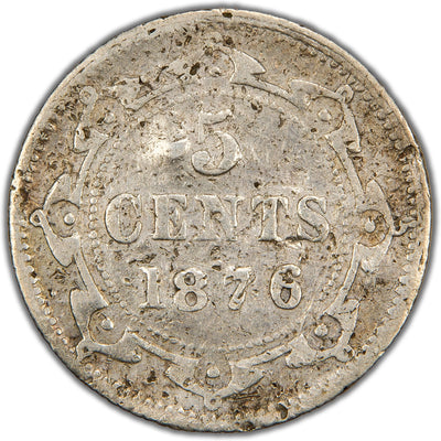 Reverse of a key-date Newfoundland 1876-H 5 Cents silver coin (Heaton Mint, SKU: SP2836) in filler condition, displaying the denomination 5 CENTS and date 1876 centered within an ornate double-line circular border, with the 'H' mintmark at the bottom.