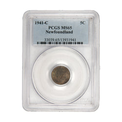 Front of PCGS protective slab encapsulation holder for a Newfoundland 1941-C 5 Cents silver coin (Grade MS-65, SKU: 13931941), displaying the official PCGS certification label with PCGS logo, grade, mint mark designation, and barcode above the coin.