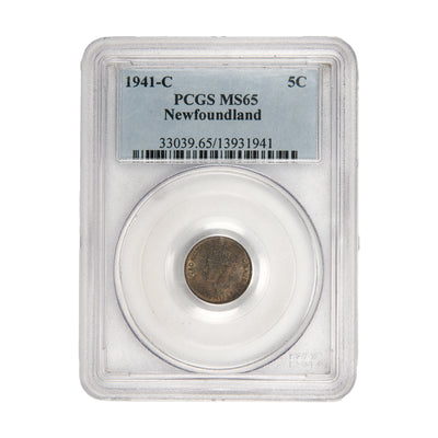 Front of PCGS protective slab encapsulation holder for a Newfoundland 1941-C 5 Cents silver coin (Grade MS-65, SKU: 13931941), displaying the official PCGS certification label with PCGS logo, grade, mint mark designation, and barcode above the coin.