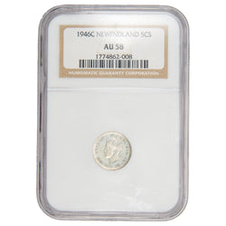 Front of NGC protective slab encapsulation holder for a Newfoundland 1946-C 5 Cents Silver key date coin (Grade AU-58, SKU: 1174862-008), displaying the official NGC certification label with grade, mint mark details, serial number, and barcode above the coin.