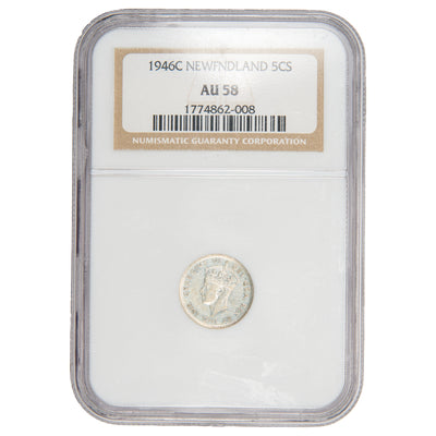 Front of NGC protective slab encapsulation holder for a Newfoundland 1946-C 5 Cents Silver key date coin (Grade AU-58, SKU: 1174862-008), displaying the official NGC certification label with grade, mint mark details, serial number, and barcode above the coin.