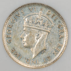 Obverse of a Newfoundland 1946-C 5 Cents Silver key date coin (NGC AU-58, SKU: 1174862-008), featuring the crowned profile portrait of King George VI facing left, surrounded by GEORGIUS VI D: G: BREX ET IND: IMP:.