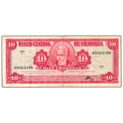 Front of an ungraded Nicaragua 1962 10 Cordobas banknote (Banco Central de Nicaragua, Pick #109a, Grade VF, Serial/SKU: 09563198), featuring a portrait vignette of Francisco Hernández de Córdoba, official bank seal, red serial numbers, and serial number 09563198.
