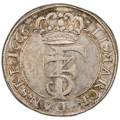 Obverse of a Norway 1666 2 Mark silver coin of King Frederik III (H-67G, SKU: SP2820), featuring the crowned F3 royal monogram of King Frederik III, surrounded by the outer Latin royal title legend.