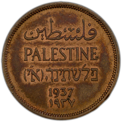Obverse of a Palestine British Mandate 1 Mil coin (1937, SKU: SP2795), featuring the country name "PALESTINE" in English, Arabic, and Hebrew, along with the date 1937.