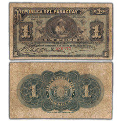Composite view showing the front and back of an ungraded Paraguay 1903 1 Peso banknote (Pick #106b, Circulated condition, Serial/SKU: 586972).