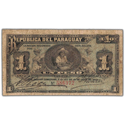 Front of an ungraded Paraguay 1903 1 Peso banknote (Pick #106b, Circulated condition, Serial/SKU: 586972), featuring the National Shield with the Paraguayan lion and Liberty cap, Spanish inscriptions, decorative border, and serial number 586972.