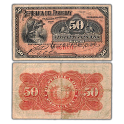 Composite view showing the front and back of an ungraded Paraguay 1903 50 Centavos banknote (Pick #105b, Pinholes, Serial/SKU: 461031).