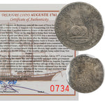 Composite overview displaying the obverse and reverse of a Peru 1755-LM 8 Reales Pillar Dollar silver coin (ICCS VF-30, SKU: ST 157 / 0734) alongside its official Auguste 1761 Shipwreck Certificate of Authenticity #0734.