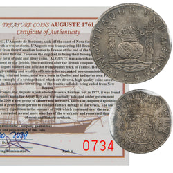 Composite overview displaying the obverse and reverse of a Peru 1755-LM 8 Reales Pillar Dollar silver coin (ICCS VF-30, SKU: ST 157 / 0734) alongside its official Auguste 1761 Shipwreck Certificate of Authenticity #0734.