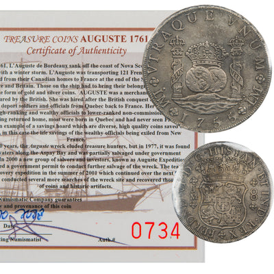 Composite overview displaying the obverse and reverse of a Peru 1755-LM 8 Reales Pillar Dollar silver coin (ICCS VF-30, SKU: ST 157 / 0734) alongside its official Auguste 1761 Shipwreck Certificate of Authenticity #0734.