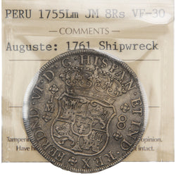 Front of ICCS protective slab encapsulation holder for a Peru 1755-LM 8 Reales silver coin from the Auguste 1761 shipwreck (Grade VF-30, SKU: ST 157 / 0734), displaying the official ICCS yellow certification insert label with grade, mint mark, provenance, and serial number above the coin.