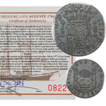 Composite overview displaying the obverse and reverse of a Peru 1756-LM 8 Reales Pillar Dollar silver coin (ICCS EF-40, SKU: ST 162 / 0822) alongside its official Auguste 1761 Shipwreck Certificate of Authenticity #0822.