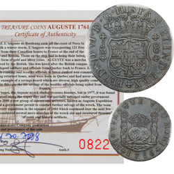 Composite overview displaying the obverse and reverse of a Peru 1756-LM 8 Reales Pillar Dollar silver coin (ICCS EF-40, SKU: ST 162 / 0822) alongside its official Auguste 1761 Shipwreck Certificate of Authenticity #0822.