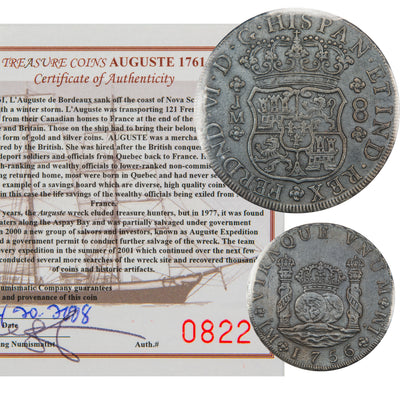 Composite overview displaying the obverse and reverse of a Peru 1756-LM 8 Reales Pillar Dollar silver coin (ICCS EF-40, SKU: ST 162 / 0822) alongside its official Auguste 1761 Shipwreck Certificate of Authenticity #0822.