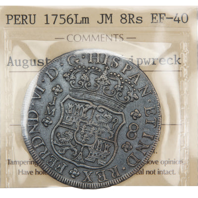 Front of ICCS protective slab encapsulation holder for a Peru 1756-LM 8 Reales silver coin from the Auguste 1761 shipwreck (Grade EF-40, SKU: ST 162 / 0822), displaying the official ICCS yellow certification insert label with grade, mint mark, provenance, and serial number above the coin.