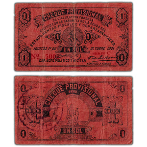 Peru Cheque Provisional 1921 1 One Sol Note P #S604 - Circulated