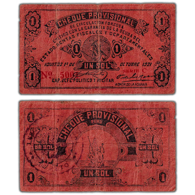 Peru Cheque Provisional 1921 1 One Sol Note P #S604 - Circulated