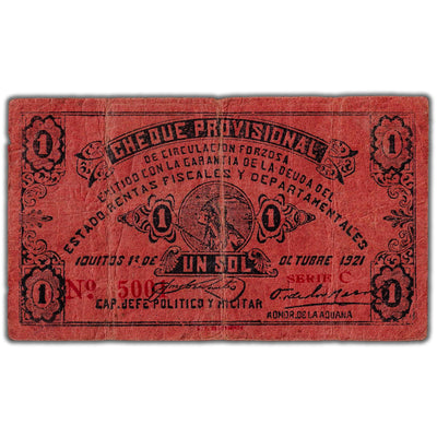 Peru Cheque Provisional 1921 1 One Sol Note P #S604 - Circulated