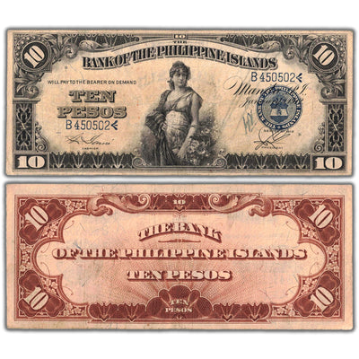 Composite view showing the front and back of an ungraded Philippines 1912 10 Pesos banknote (Silver Certificate, Pick #8b, Grade F/VF with writing, Serial/SKU: B450502).