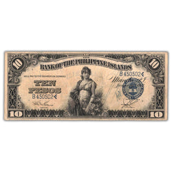 Front of an ungraded Philippines 1912 10 Pesos banknote (Silver Certificate, Pick #8b, Grade F/VF with writing, Serial/SKU: B450502), featuring a portrait vignette of George Washington, official Treasury seal, United States Administration text, and serial number B450502.